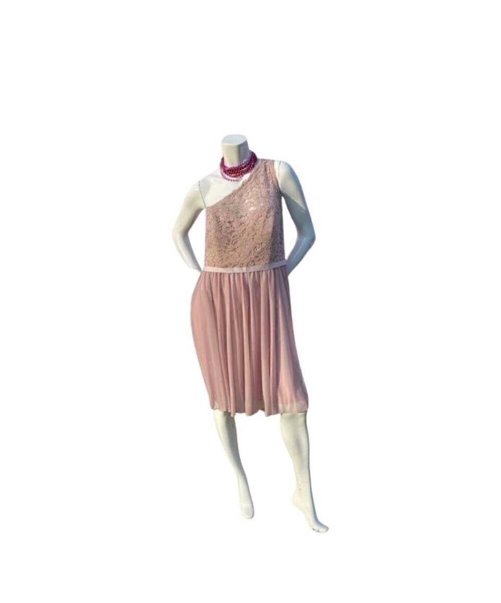 David's Bridal One-Shoulder Lace Chiffon Midi Dress Pink